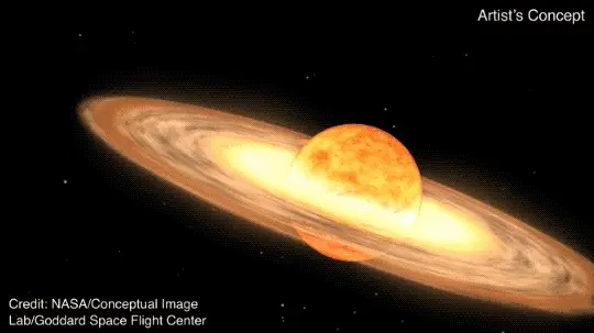 A red giant star and white dwarf orbit each other in this animation of a nova.