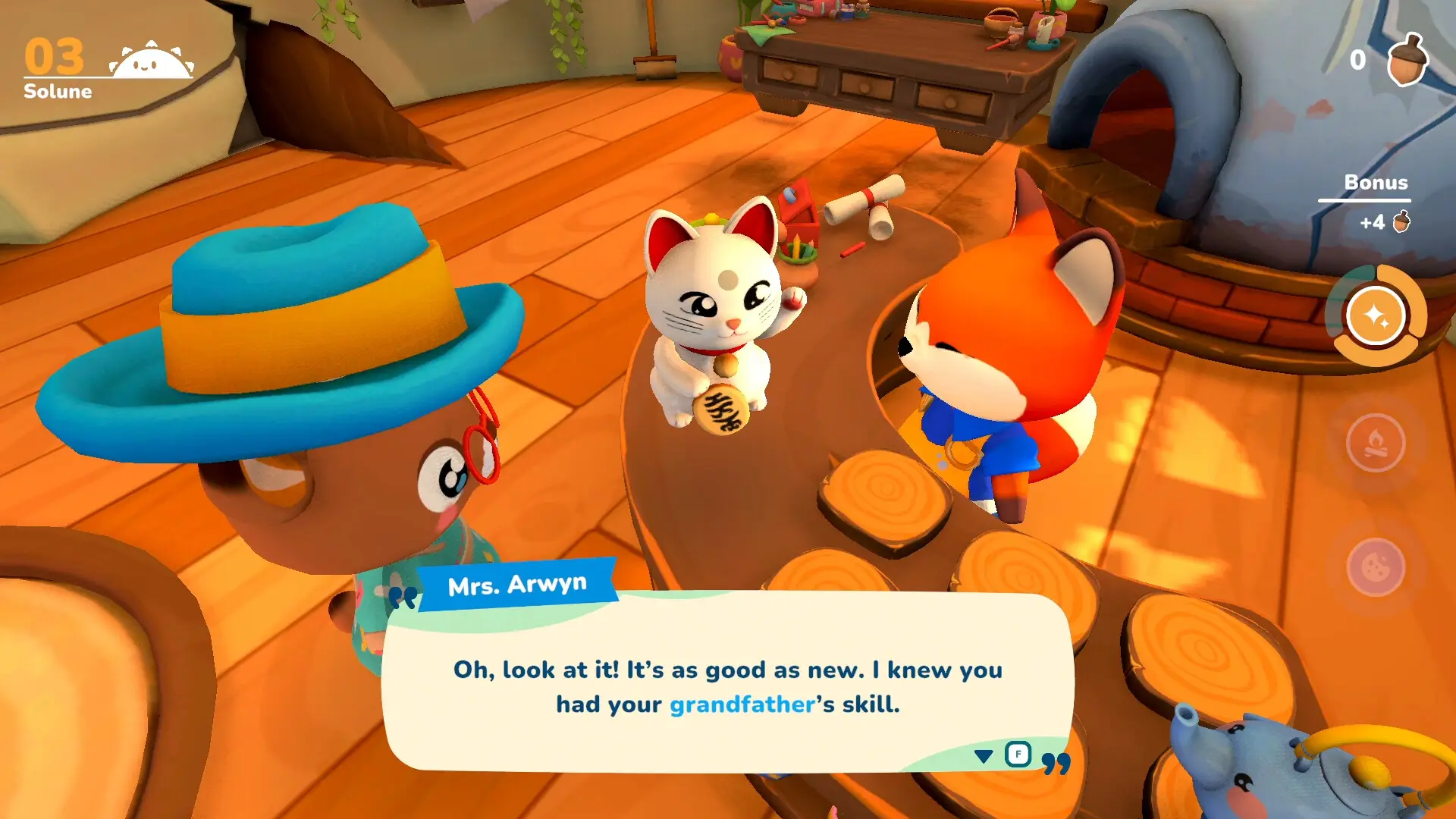 A cat talking to a fox in Piece by Piece