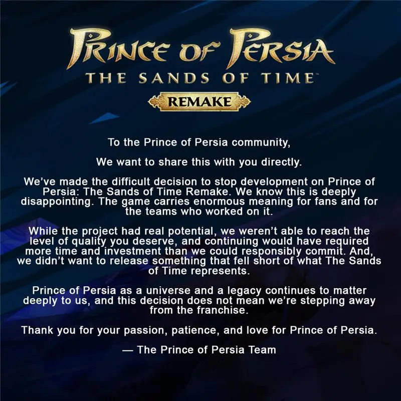 The cancellation announcement from the Prince of Persia Sands of Time Twitter, Ubisoft