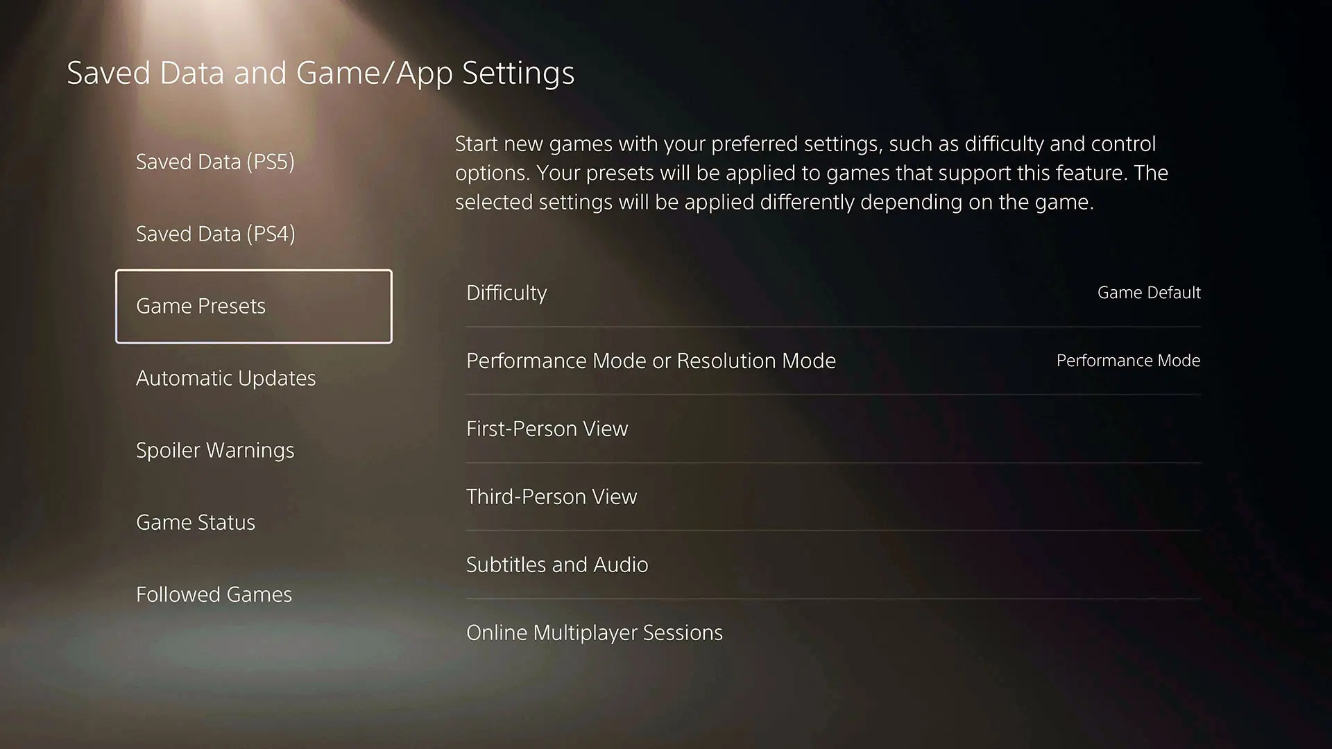 Change the PS5 game presets, GAMINGbible