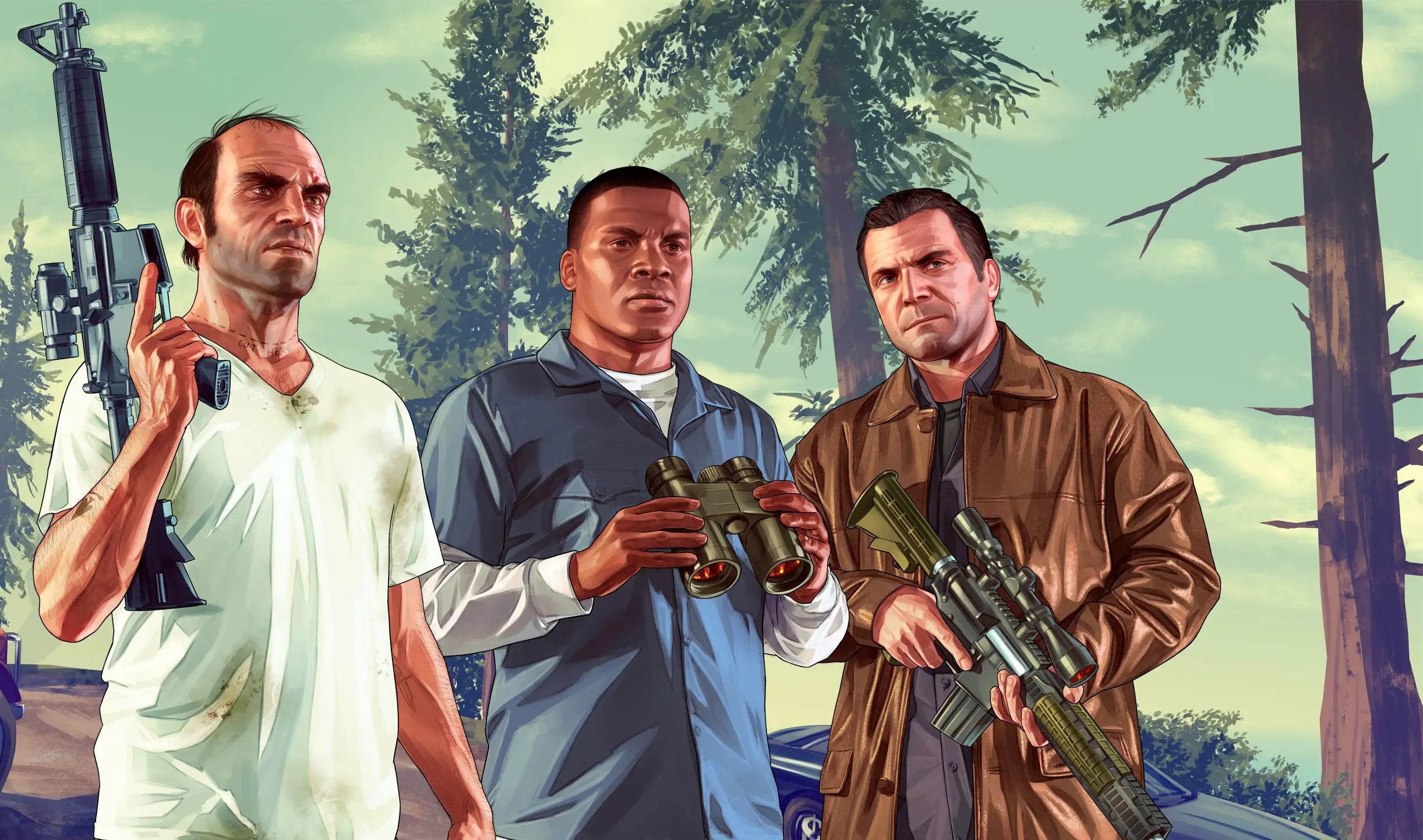GTA 5 official artwork featuring all three protagonists, Rockstar Games