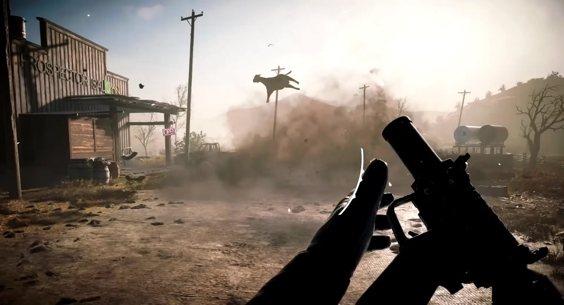 Blowing up a cow in Far Cry 5's Fallout New Vegas map, Mojo Swoptops