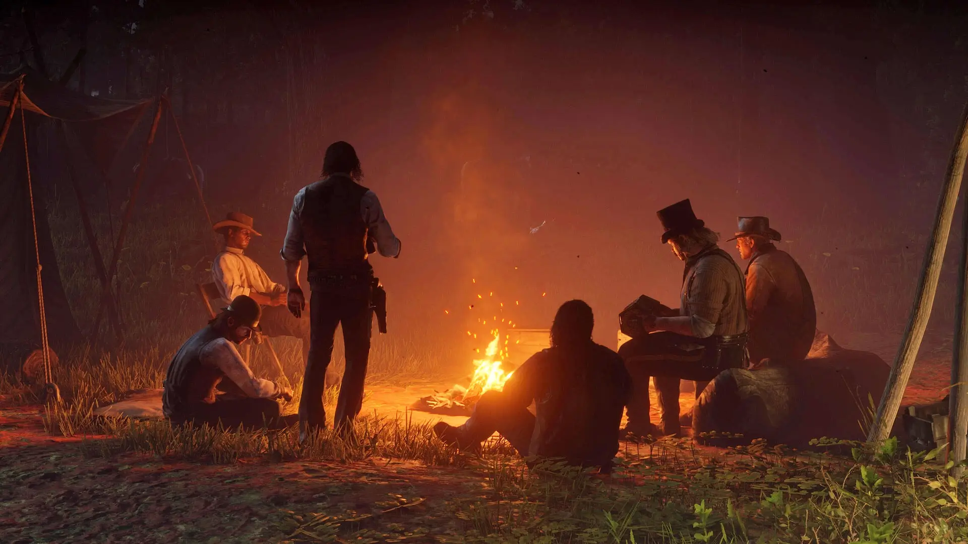 Dutch ver der Linde Gang sitting at a campire, Rockstar Games