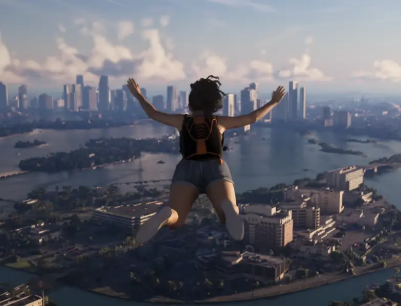 Lucia skydiving over Vice City (Rockstar)