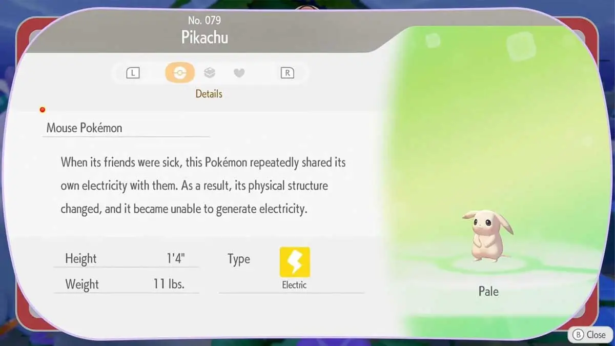 Peakychu's Pokedex entry in Pokemon Pokopia