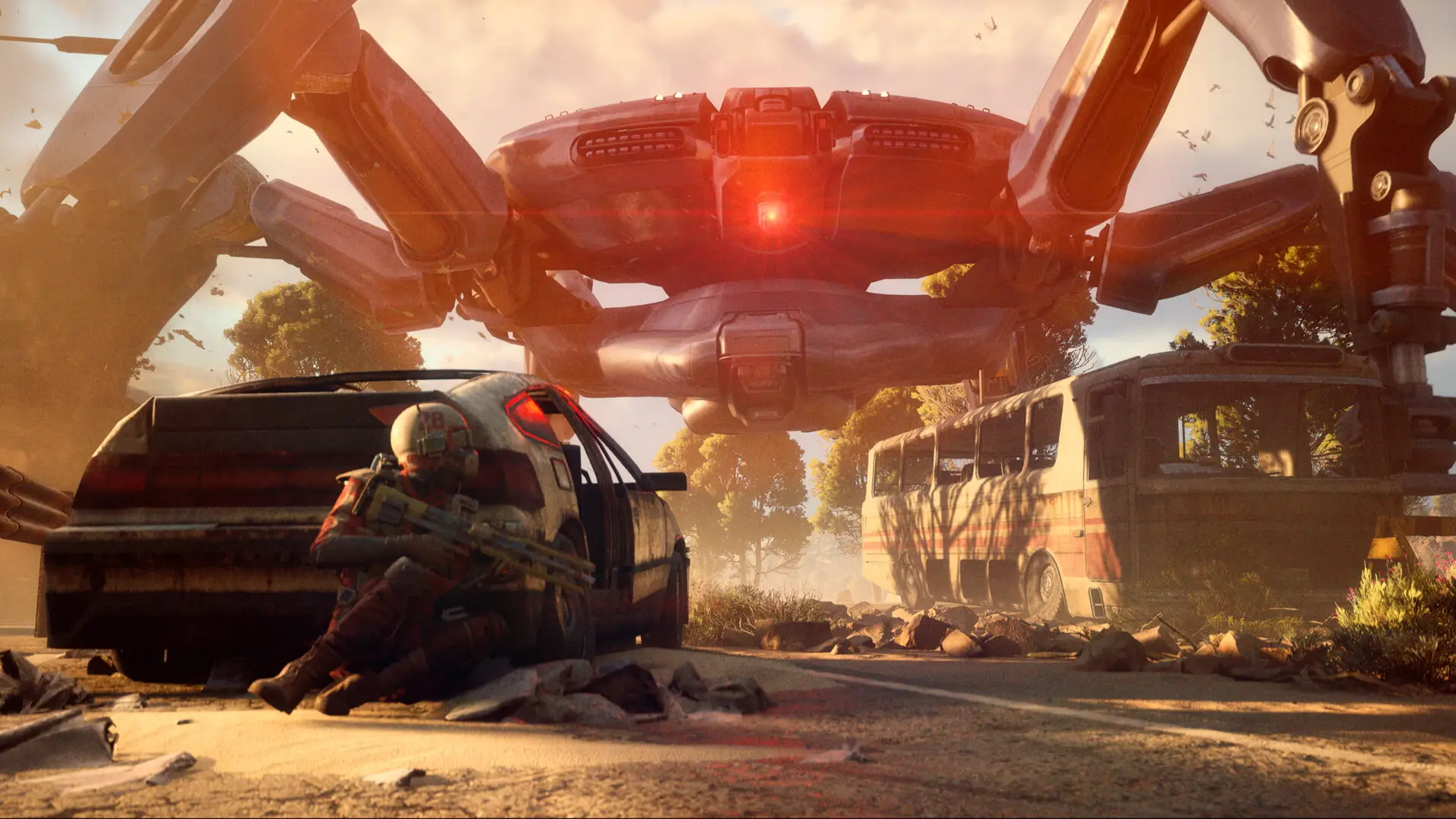 Official ARC Raiders promo image of someone facing down a spider mech, Embark Studios