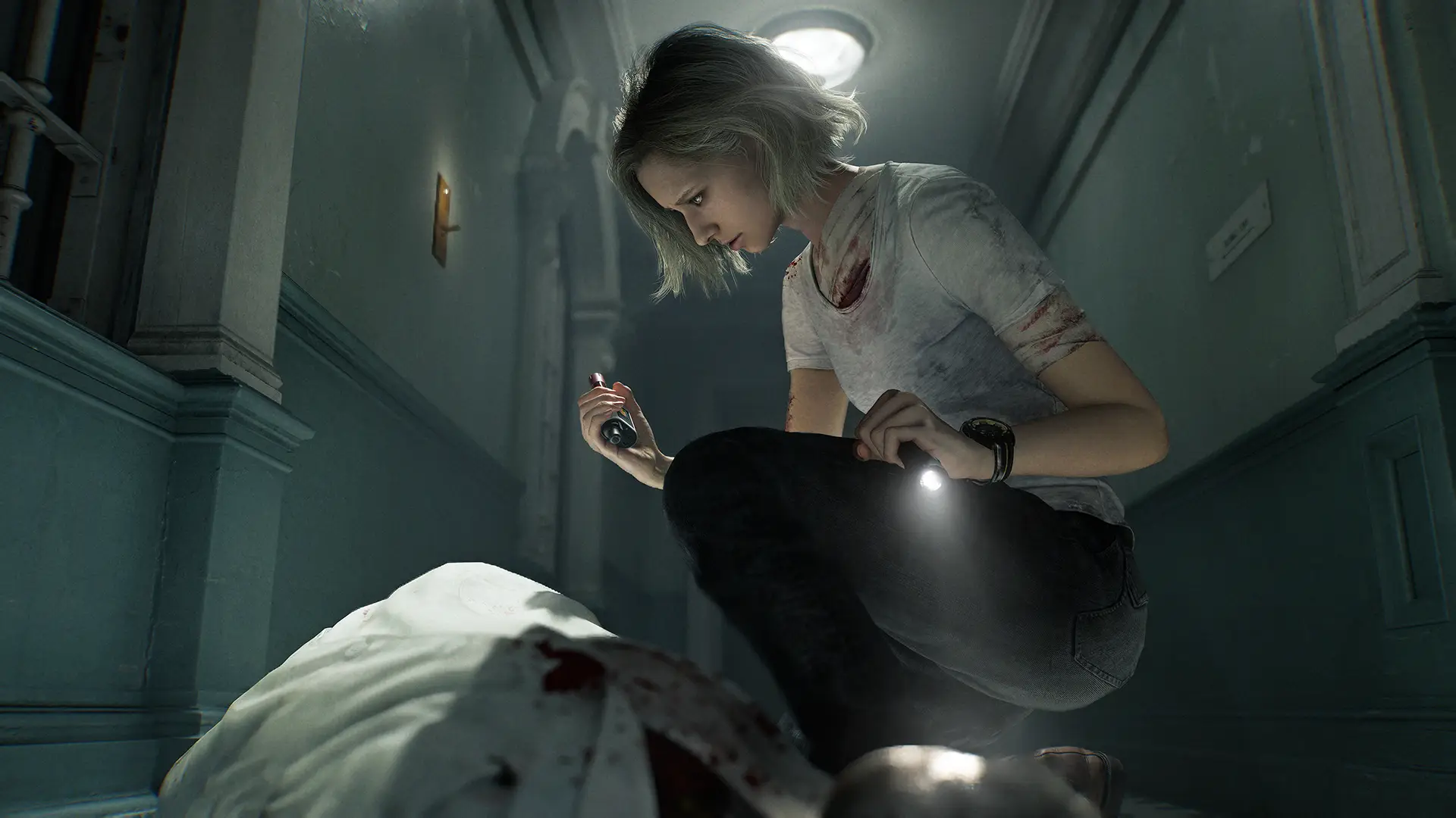 Grace taking a blood sample in Resident Evil Requiem