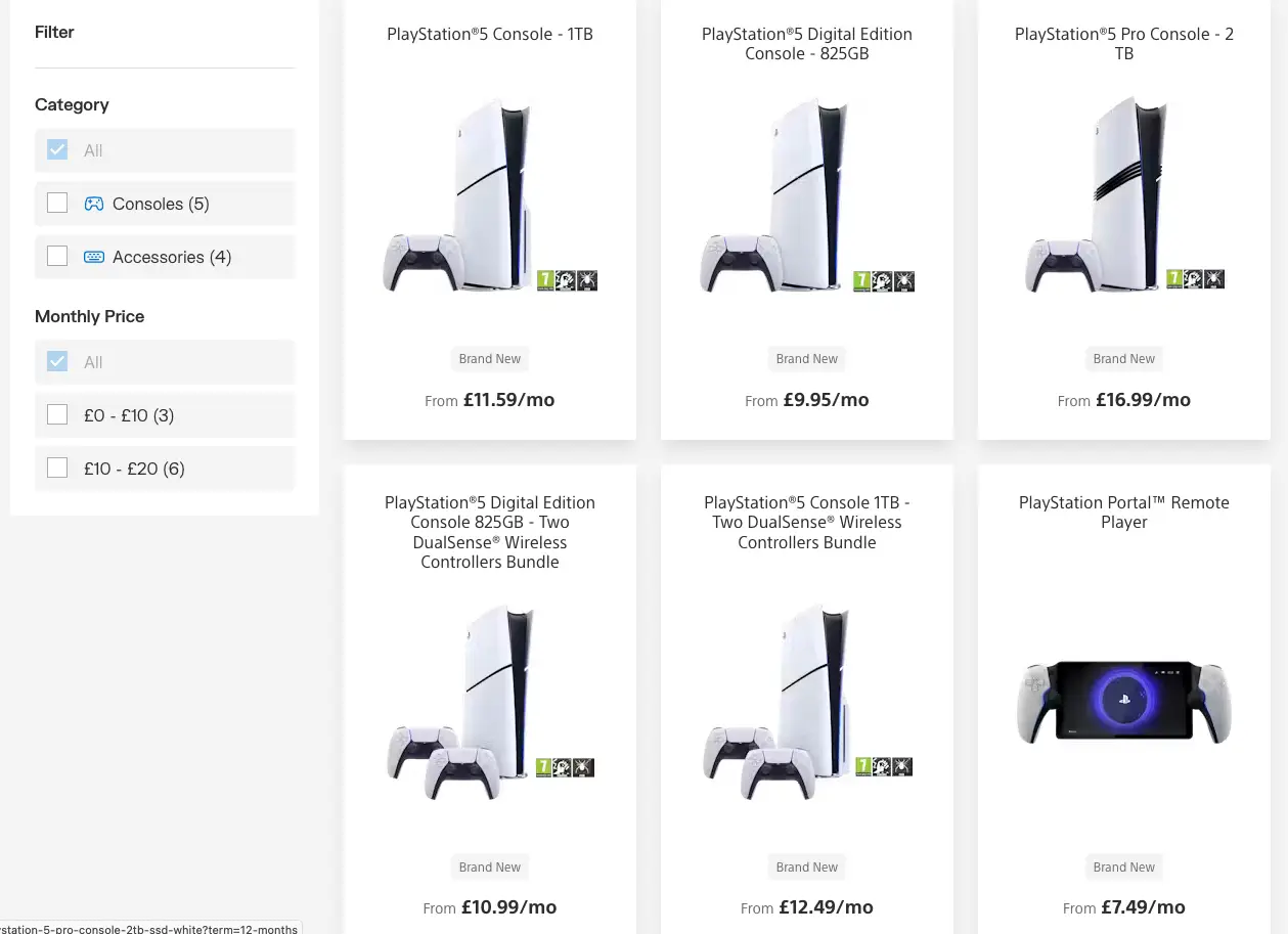 Flex lease listings on PlayStation website.