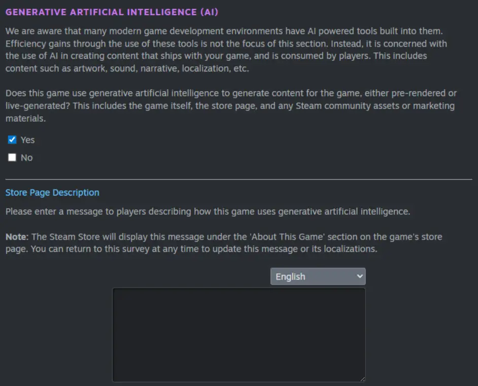 The updated AI disclosure form in question, Valve