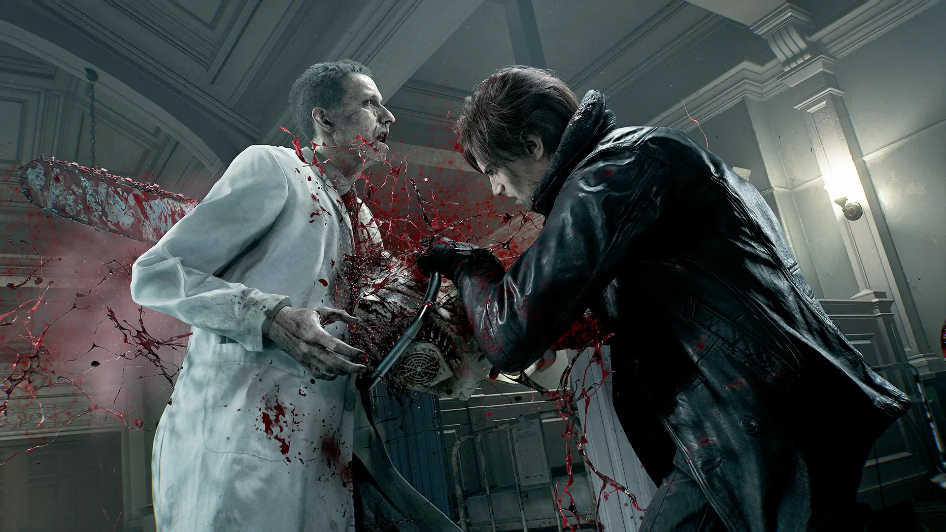 Leon with a chainsaw in Resident Evil Requiem