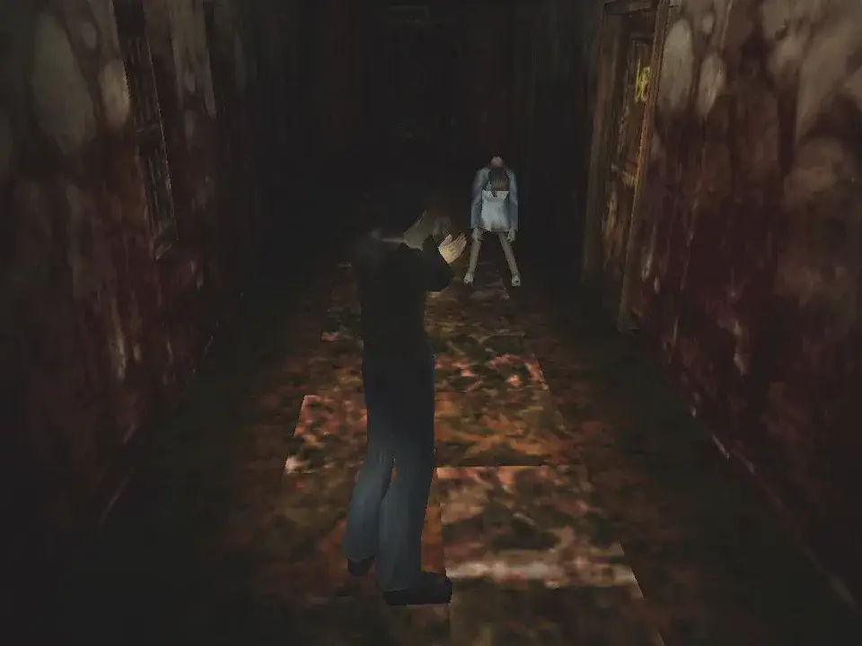 Harry from Silent Hill pointing gun at enemy. (