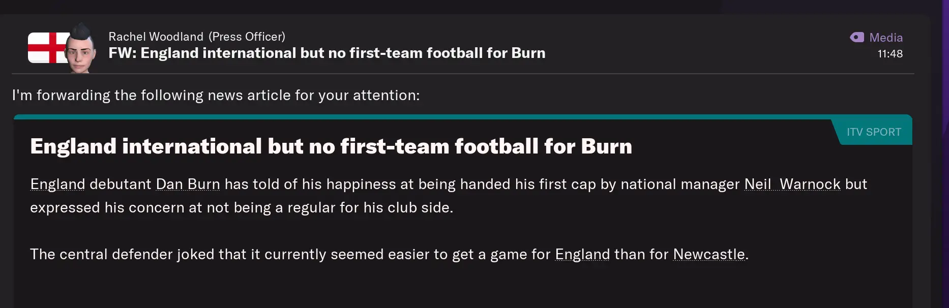 Newcastle defender Dan Burn is 'surprised and nervous' to be part of the England set-up. Image credit: Football Manager 2022