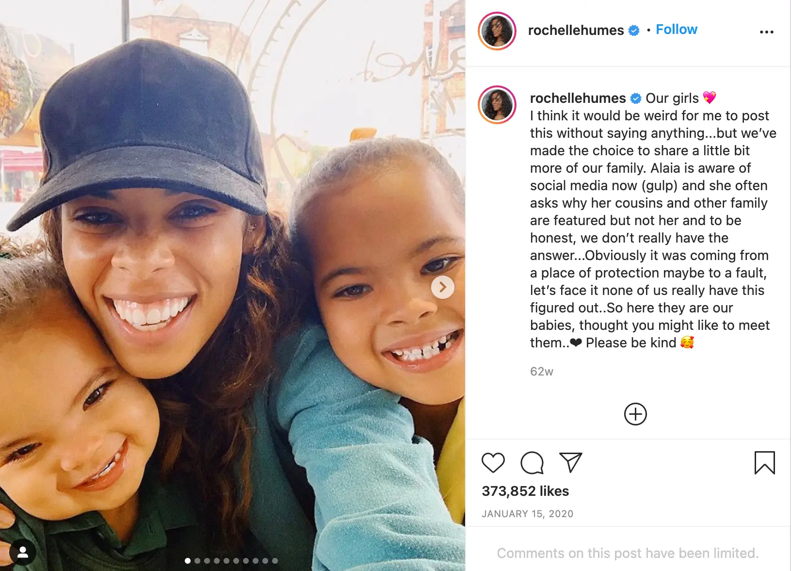 Rochelle shared a picture with their two daughters Alaia and Valentina for the first time in January 2020 (
