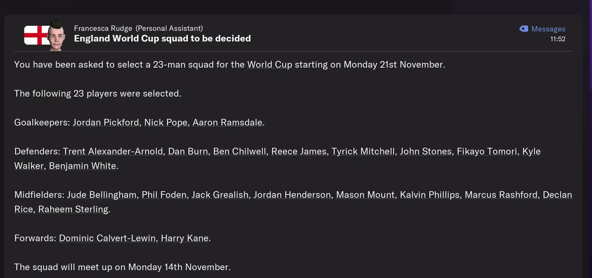 Back in June, FIFA confirmed that the 2022 men's World Cup rosters will be expanded to 26 players, from 23. That rule does not feature on this save. 