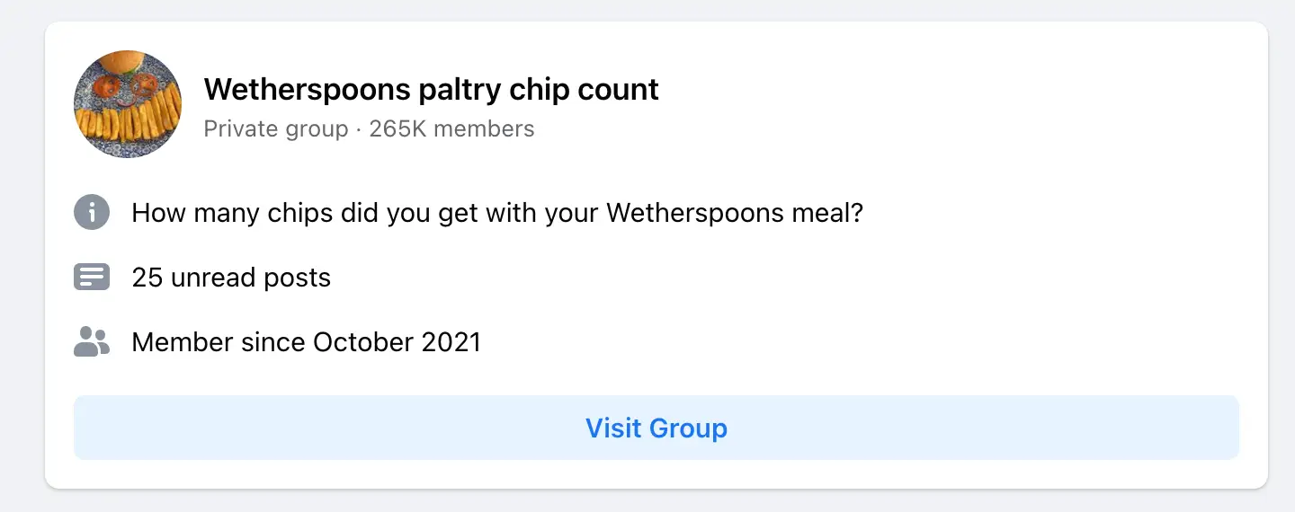 'Wetherspoons paltry chip count' is just one of the bizarre groups about the chain.