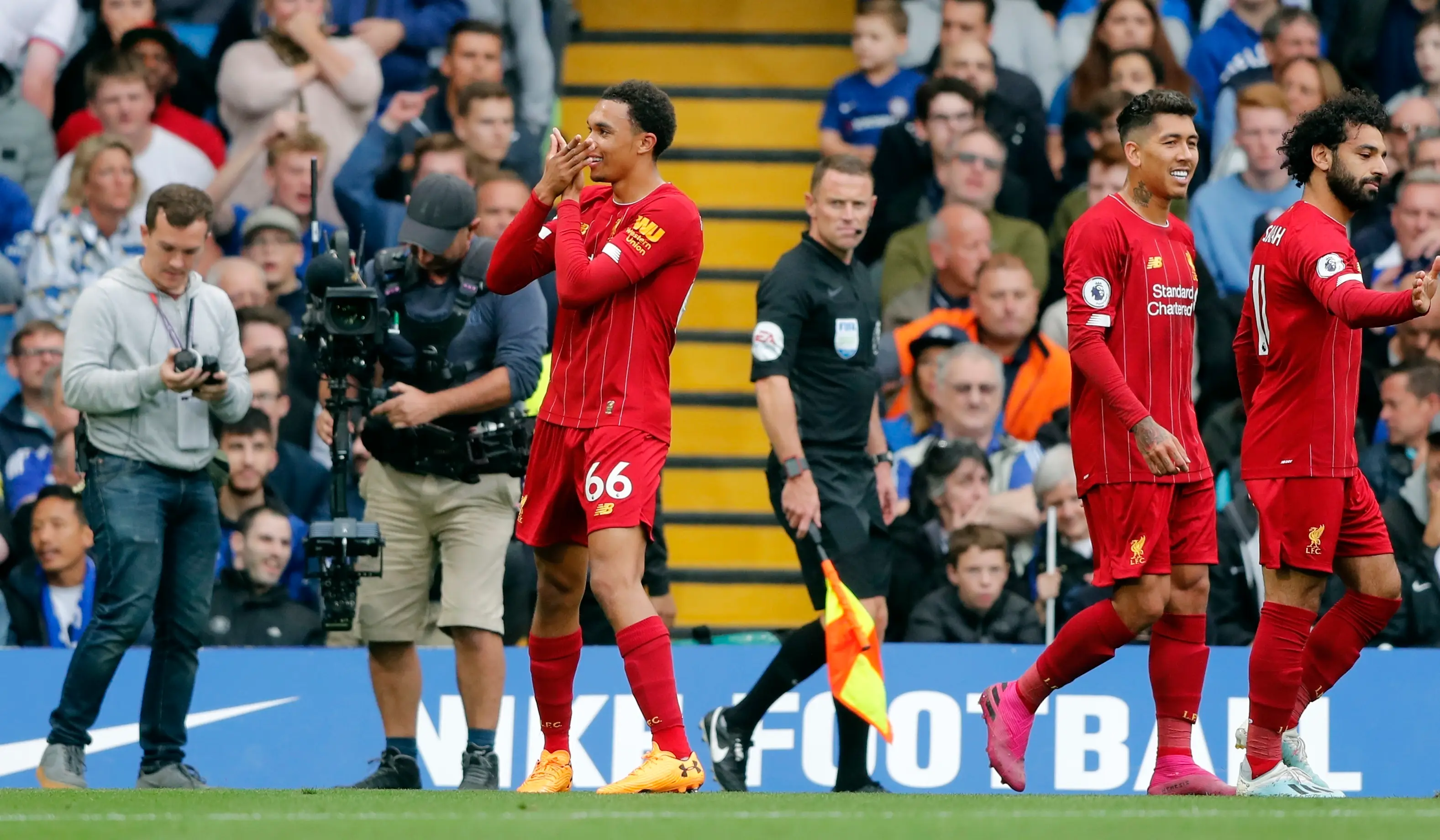 Trent Alexander-Arnold celebrated with a V for VOLTA after scoring against Chelsea on Sunday