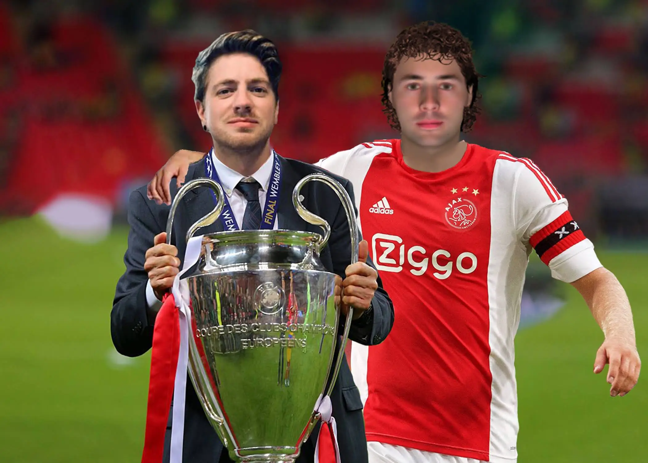 Bruno and his manager lift the Champions League trophy after he scored the winner to cement himself into the history books.